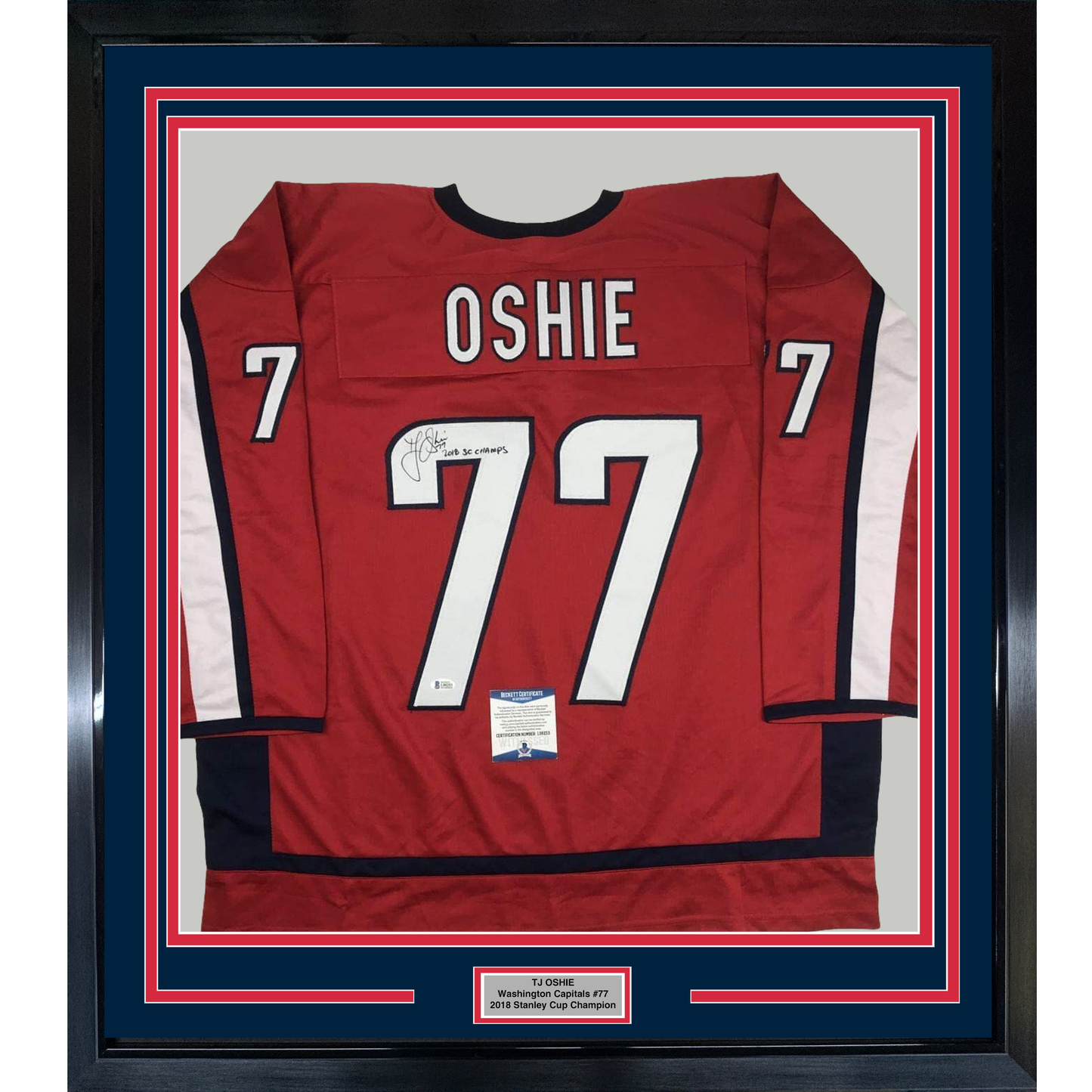 Framed Autographed/Signed TJ T.J. Oshie 2018 SC Champs 35x39 Washington Red Hockey Jersey Beckett BAS COA