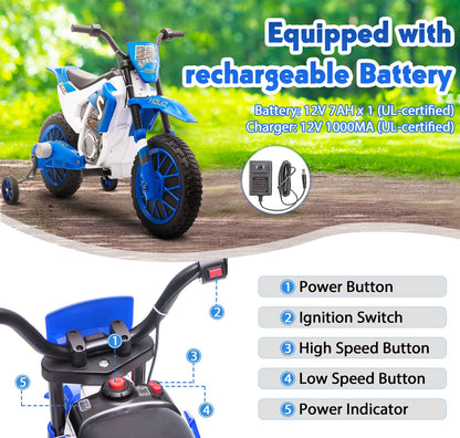 TOBBI 12V Electric Dirt Bike for Kids with Training Wheels - Realistic Motorbike Experience
