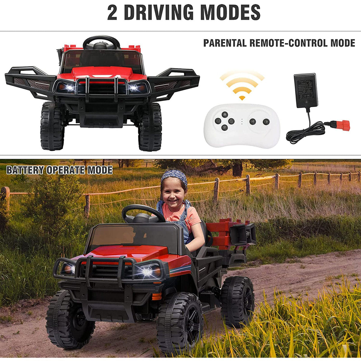 TOBBI 12V Electric Farm Truck Ride On with Trailer - Red