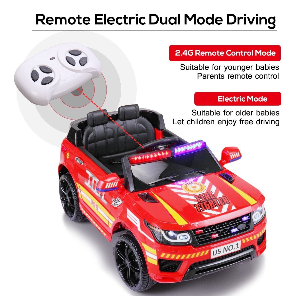 TOBBI 12V Electric Fire Truck Ride On Car for Kids with Remote Control and Real Megaphone