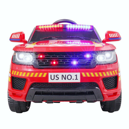 TOBBI 12V Electric Kids Police Car Fire Truck with Megaphone, Remote Control, and Lights