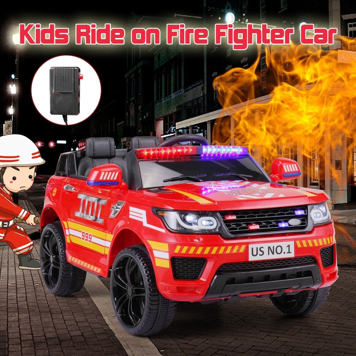 TOBBI 12V Electric Kids Police Car Fire Truck with Megaphone, Remote Control, and Lights