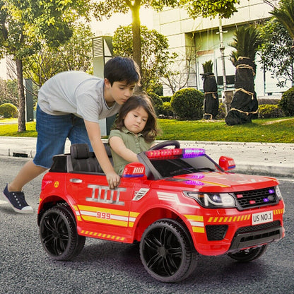TOBBI 12V Electric Kids Police Car Fire Truck with Megaphone, Remote Control, and Lights