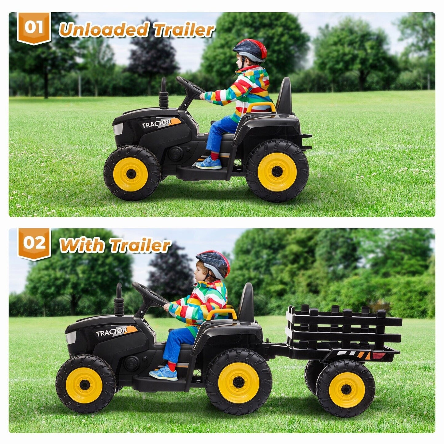 TOBBI 12V Electric Kids Ride On Tractor with Trailer and Lights