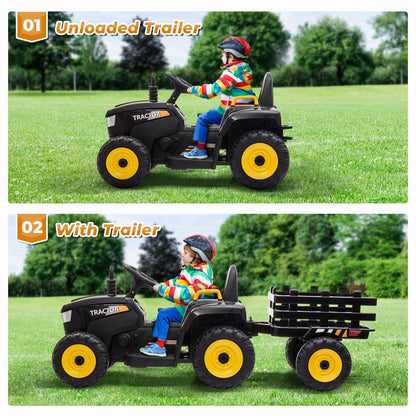 TOBBI 12V Electric Kids Ride On Tractor with Trailer and Lights
