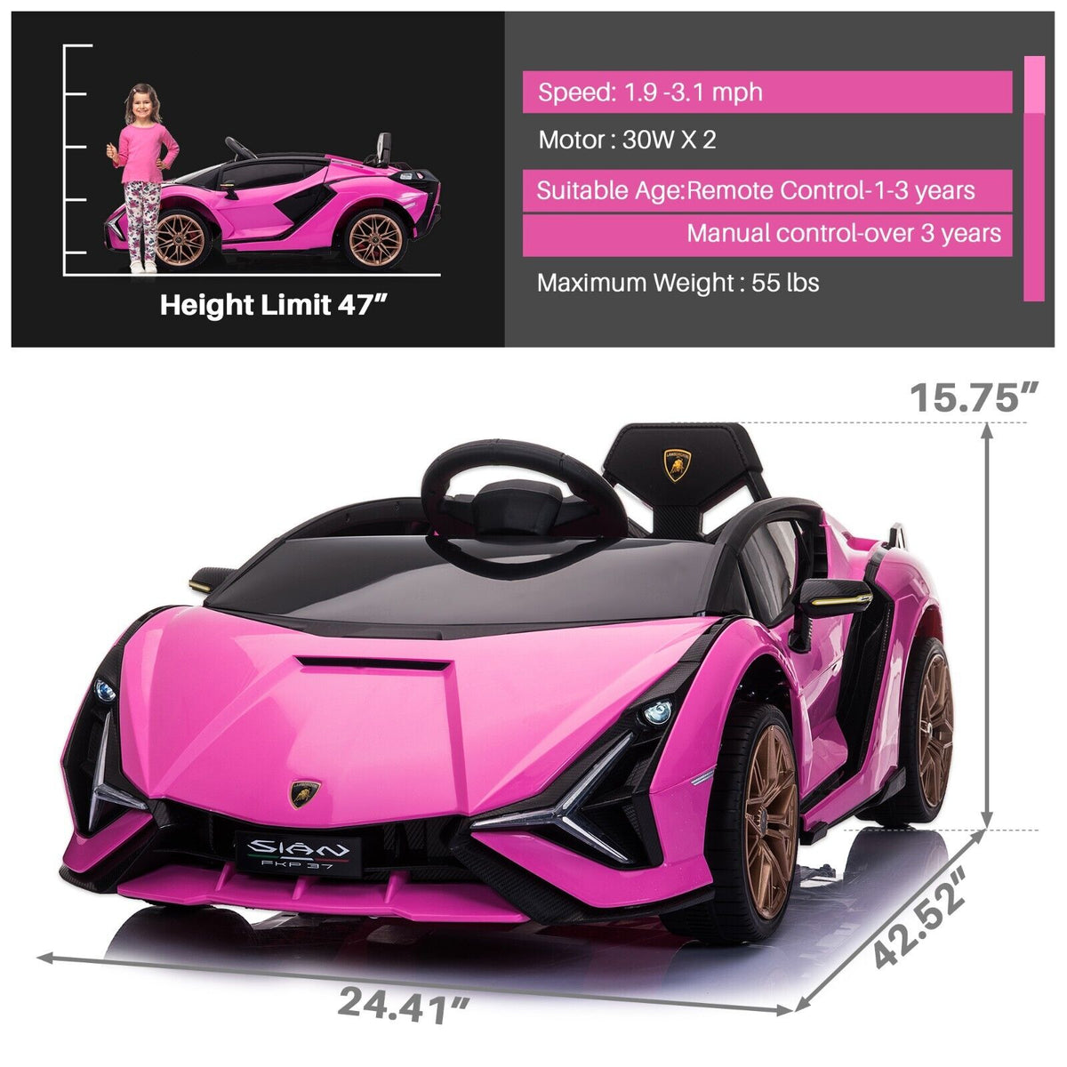 TOBBI 12V Kids Lamborghini SIAN Electric Ride-On Car with Parental Remote Control