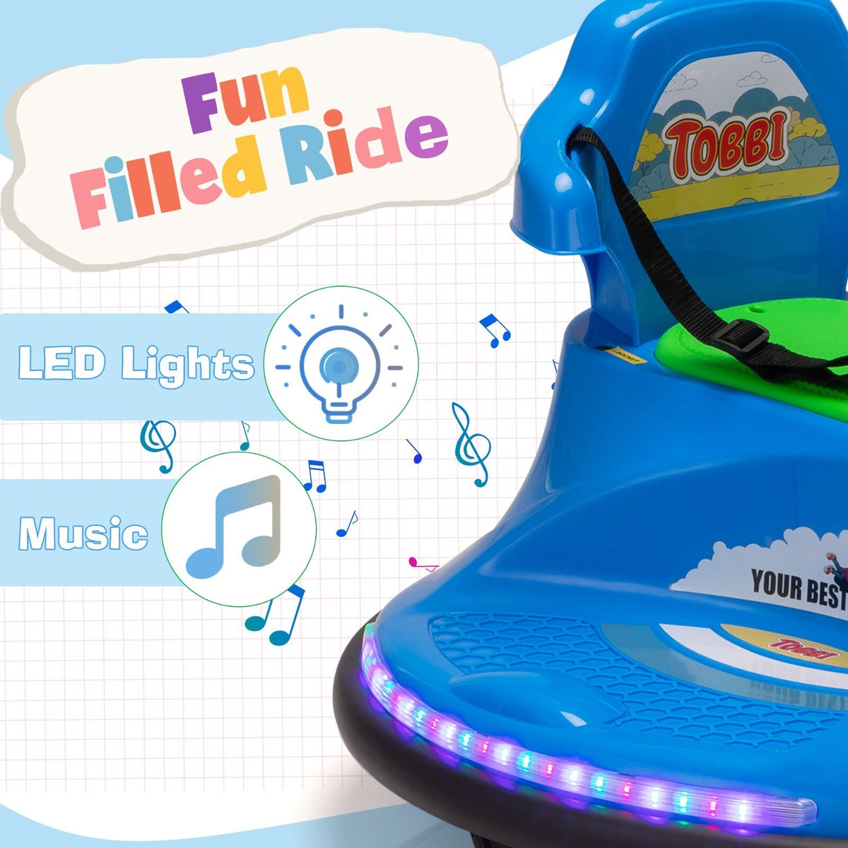 12V Ride-On Bumper Car with 360° Spinning, Remote Control, Dual Motors, and LED Lights