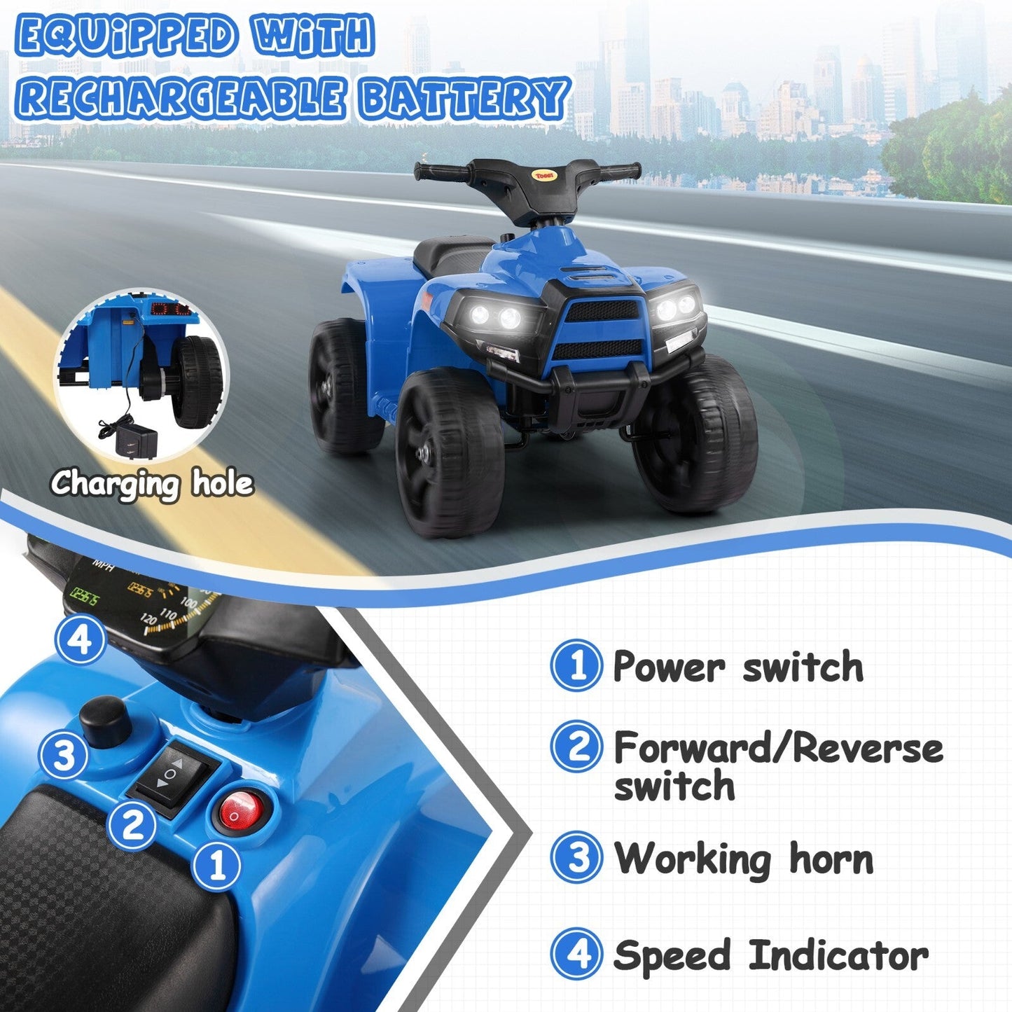 Kids Electric Ride-On ATV Quad Car Toy with LED Headlights and Speed Indicator