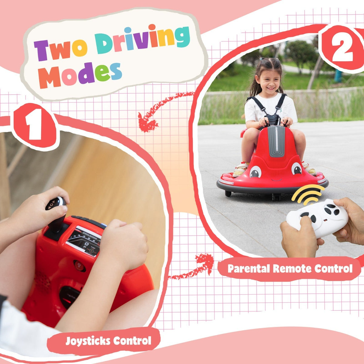 360° Spinning Ride-On Bumper Car for Kids with Remote Control and LED Lights, Red