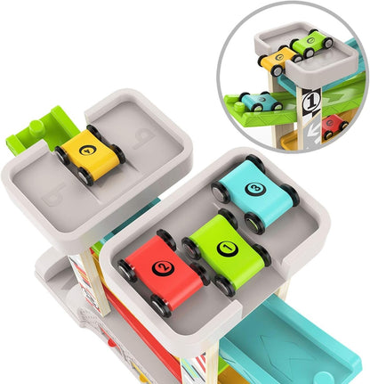 Toddler Race Track Toy with 4 Wooden Cars Montessori Learning Playset