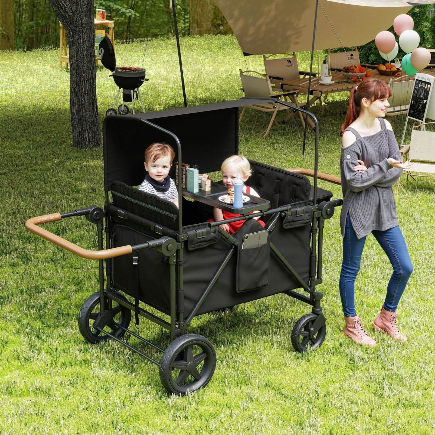 ToyRides Elite Wagon Stroller W/ Removable 4-Seater, Extra-Thick Support Bar & Higher 212 Load Capacity, Black
