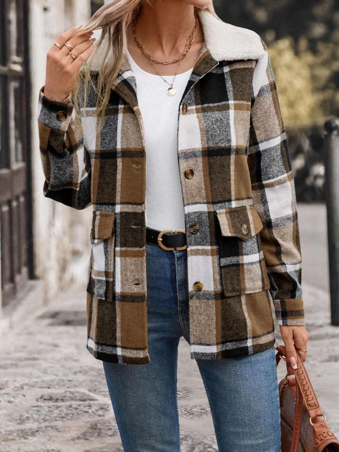 Shirts Trendsi Plaid Jacket Women's Everyday Button-Up Cotton Blend Jacket with Pockets