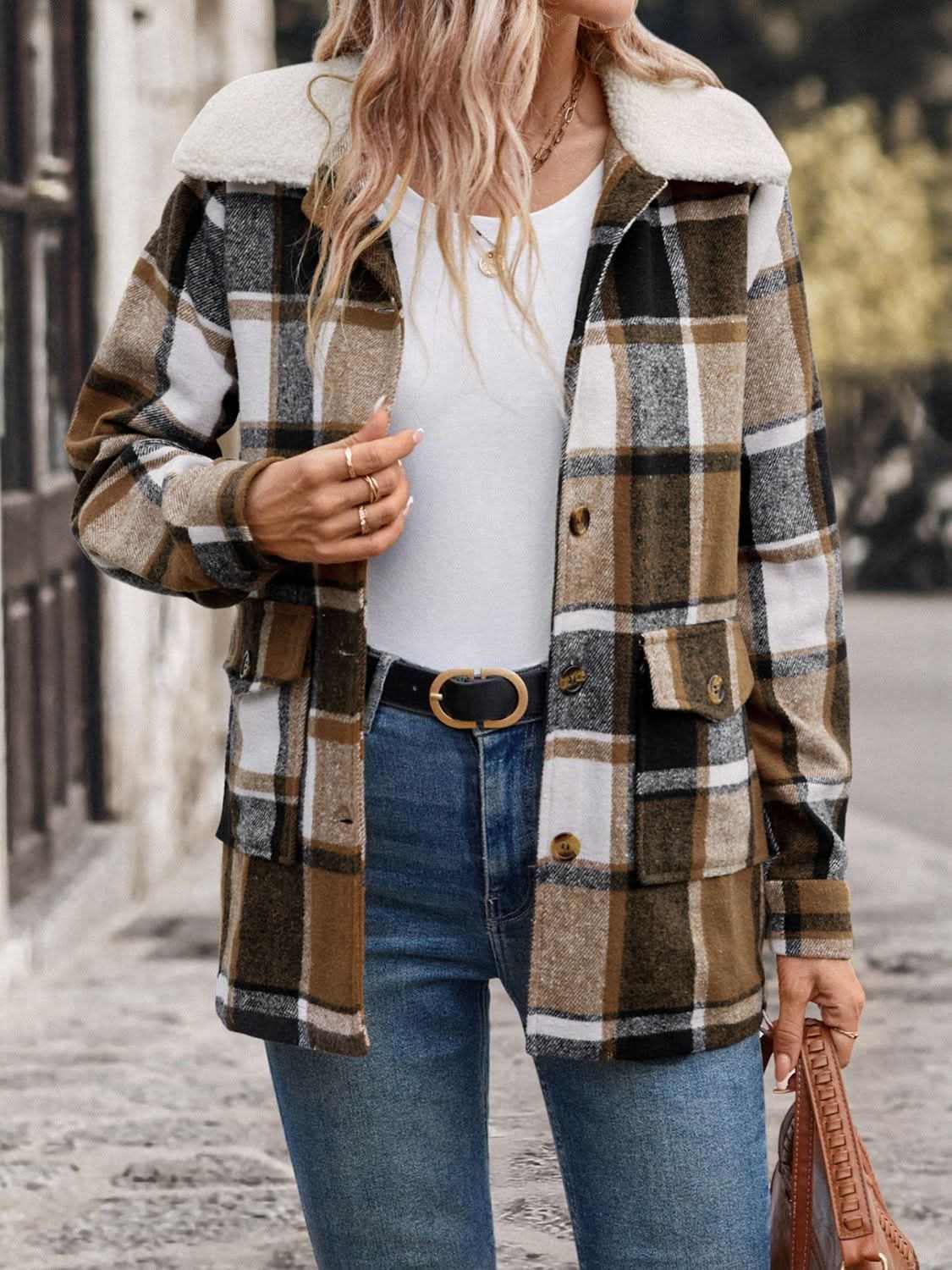 Shirts Trendsi Plaid Jacket Women's Everyday Button-Up Cotton Blend Jacket with Pockets