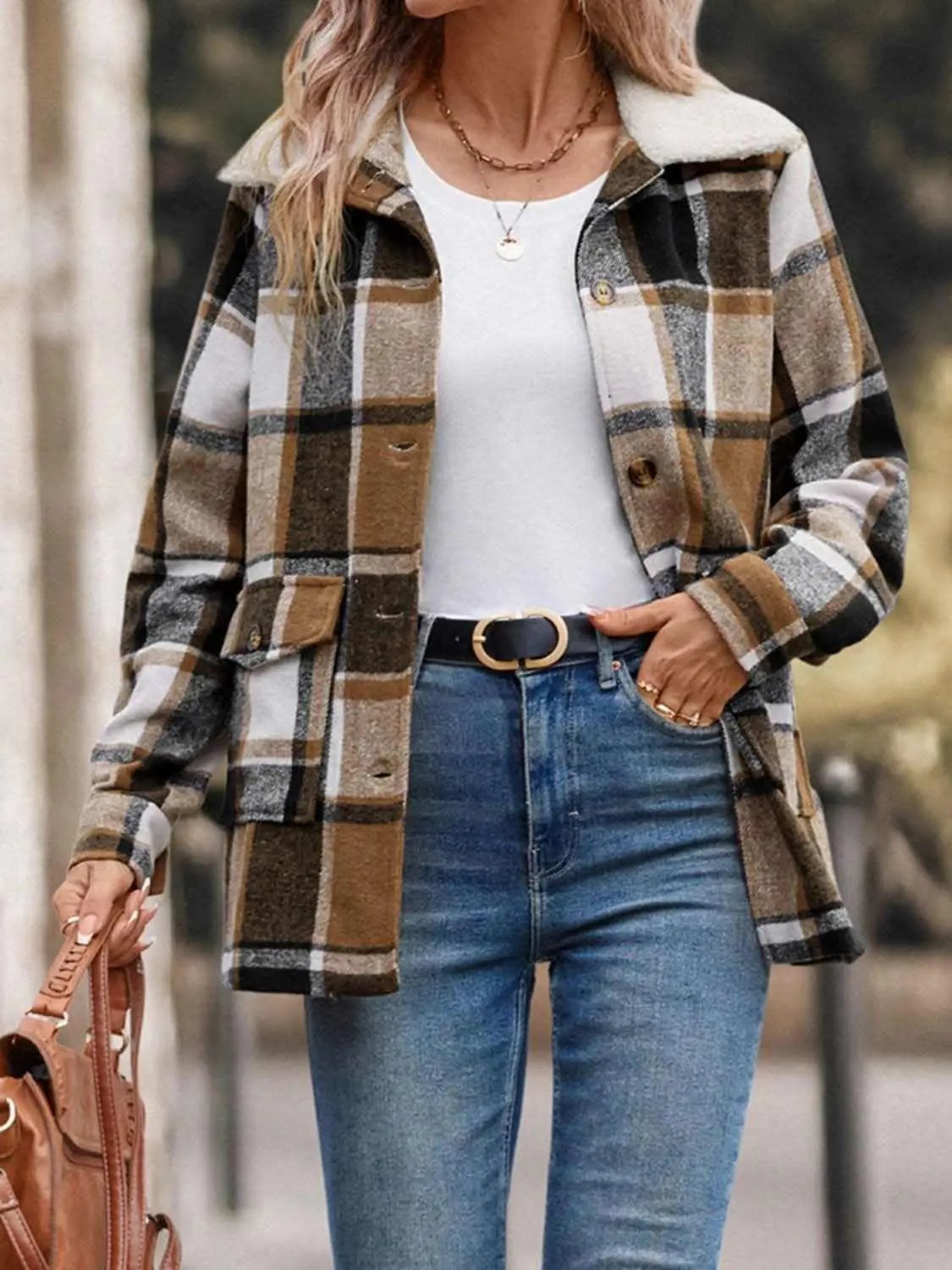 Shirts Trendsi Plaid Jacket Women's Everyday Button-Up Cotton Blend Jacket with Pockets