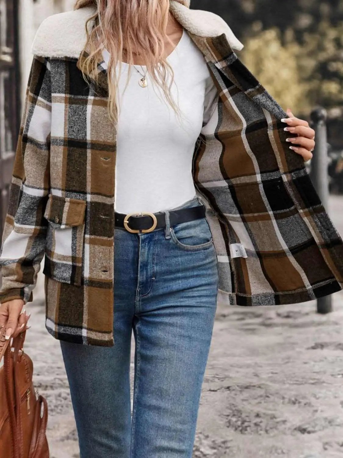 Shirts Trendsi Plaid Jacket Women's Everyday Button-Up Cotton Blend Jacket with Pockets