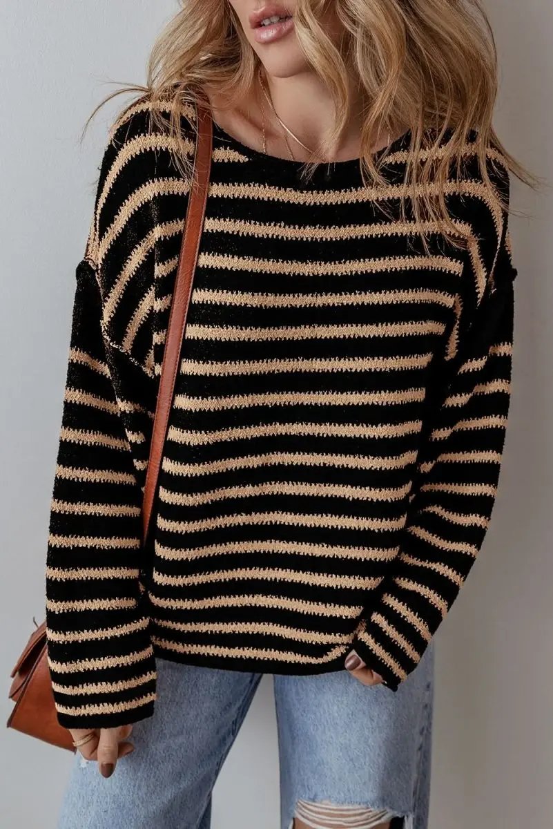 Sweaters Love Salve Black Striped Sweater Women's Casual Winter Top: Oversized & Trendy