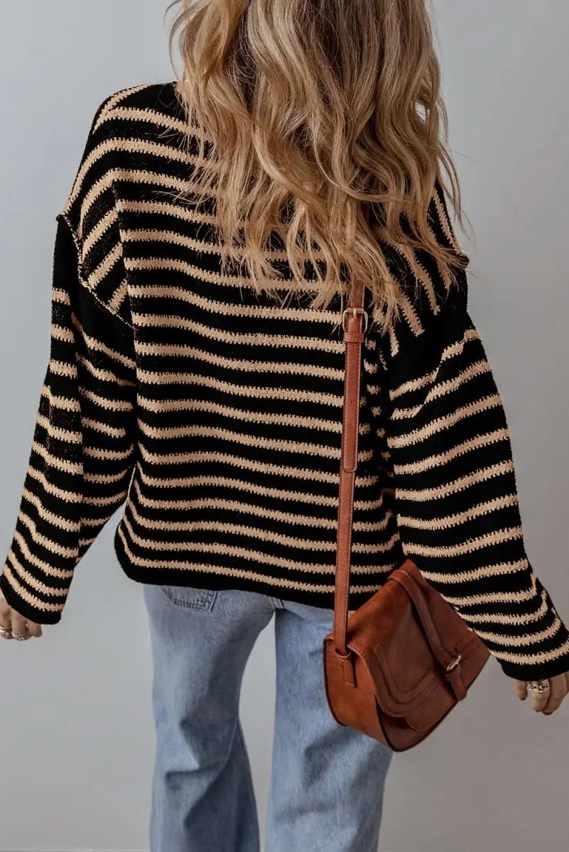 Sweaters Love Salve Black Striped Sweater Women's Casual Winter Top: Oversized & Trendy