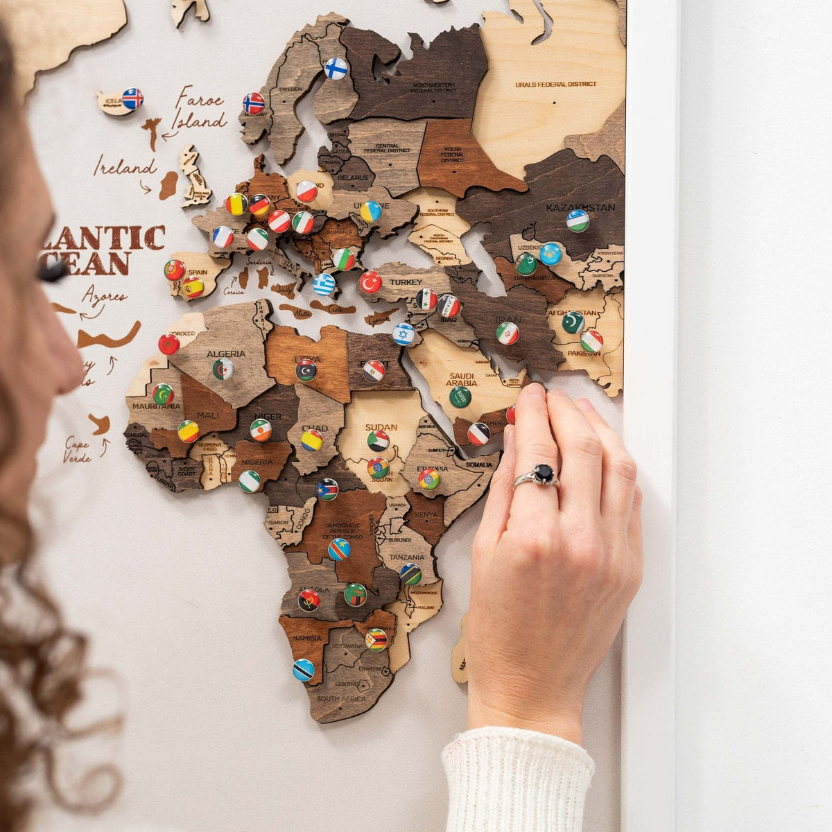 3D Wooden Triptych World Map Multicolor