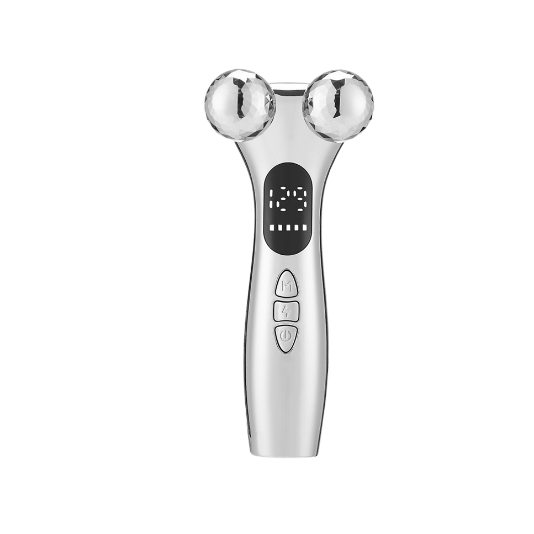 Silver Ergonomic EMS Microcurrent Facial Roller | Intelligent Pulse Face Slimming & Sculpting Device for Skin Tightening