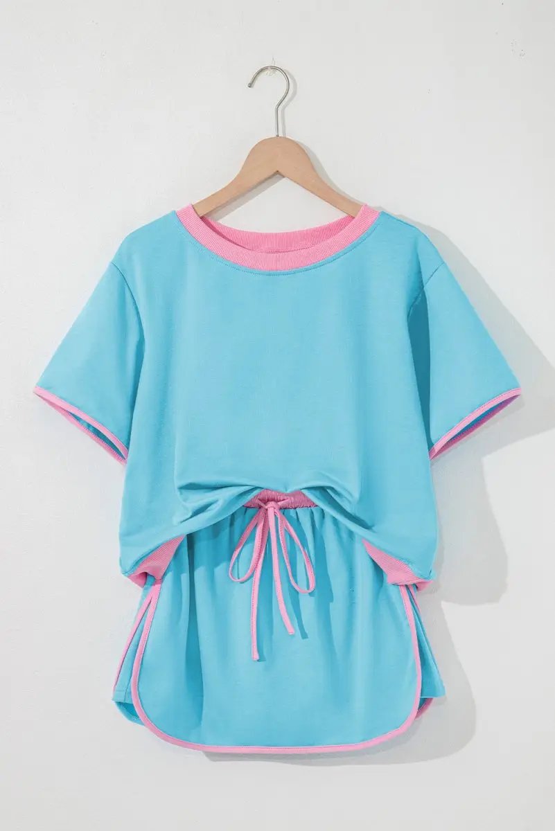 T-Shirts Love Salve Turquoise Set Women's Daily Casual T-Shirt & Skort Set | Colorblock, Summer