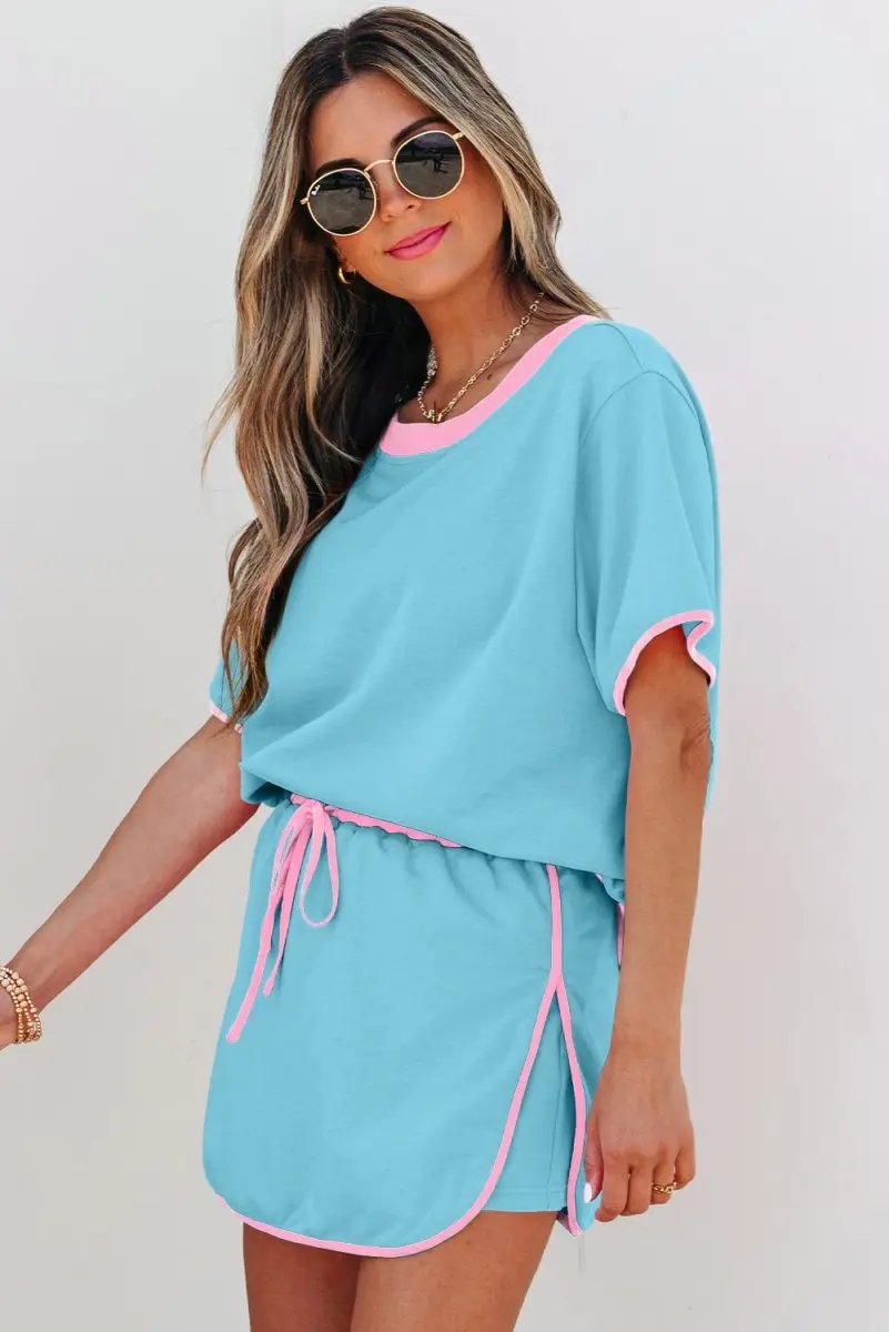 T-Shirts Love Salve Turquoise Set Women's Daily Casual T-Shirt & Skort Set | Colorblock, Summer