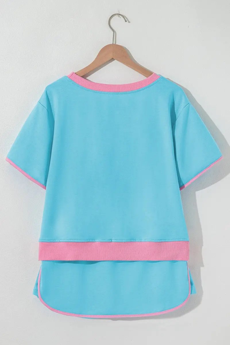 T-Shirts Love Salve Turquoise Set Women's Daily Casual T-Shirt & Skort Set | Colorblock, Summer
