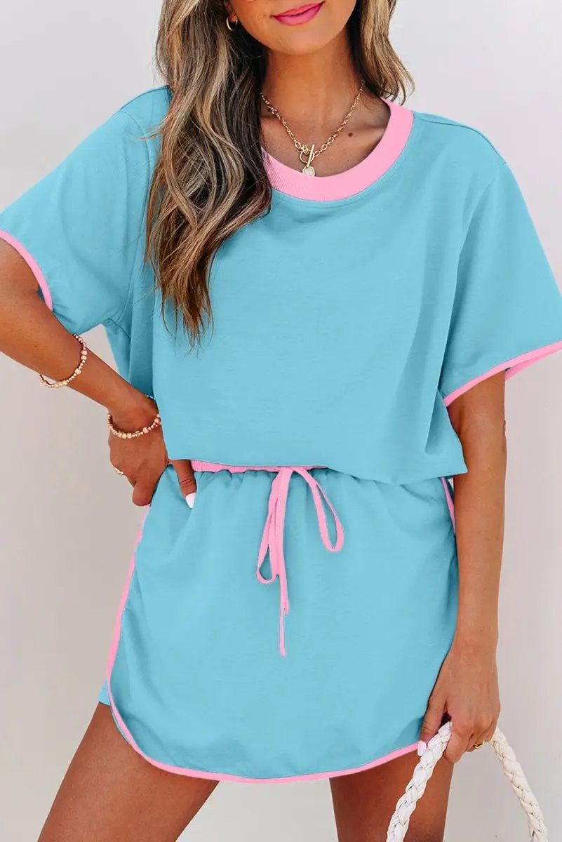 T-Shirts Love Salve Turquoise Set Women's Daily Casual T-Shirt & Skort Set | Colorblock, Summer