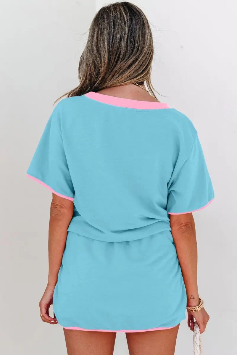 T-Shirts Love Salve Turquoise Set Women's Daily Casual T-Shirt & Skort Set | Colorblock, Summer