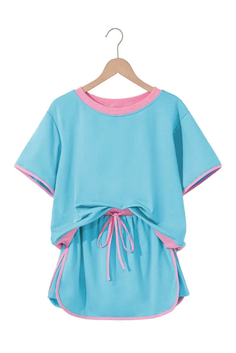 T-Shirts Love Salve Turquoise Set Women's Daily Casual T-Shirt & Skort Set | Colorblock, Summer