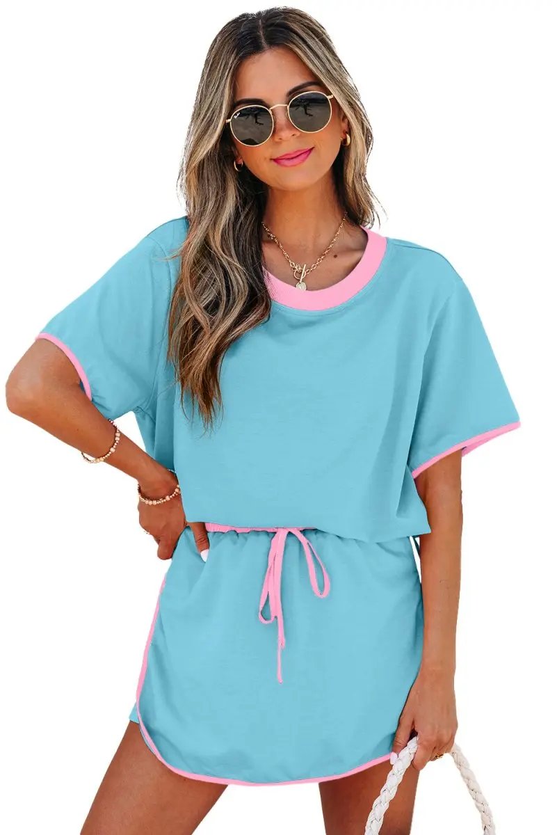 T-Shirts Love Salve Turquoise Set Women's Daily Casual T-Shirt & Skort Set | Colorblock, Summer