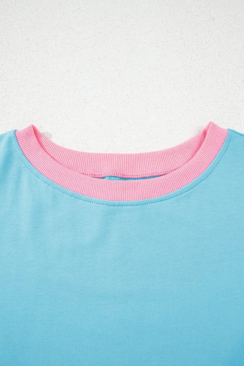 T-Shirts Love Salve Turquoise Set Women's Daily Casual T-Shirt & Skort Set | Colorblock, Summer