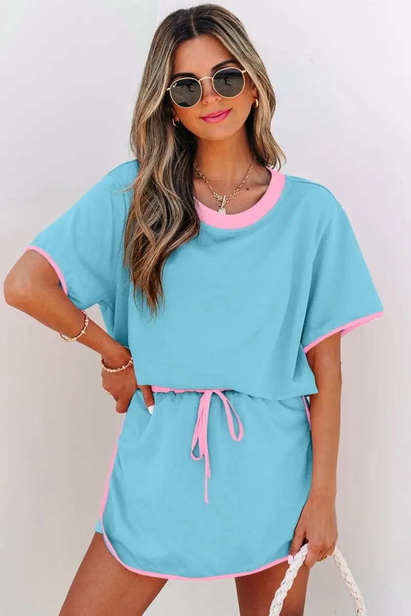 T-Shirts Love Salve Turquoise Set Women's Daily Casual T-Shirt & Skort Set | Colorblock, Summer