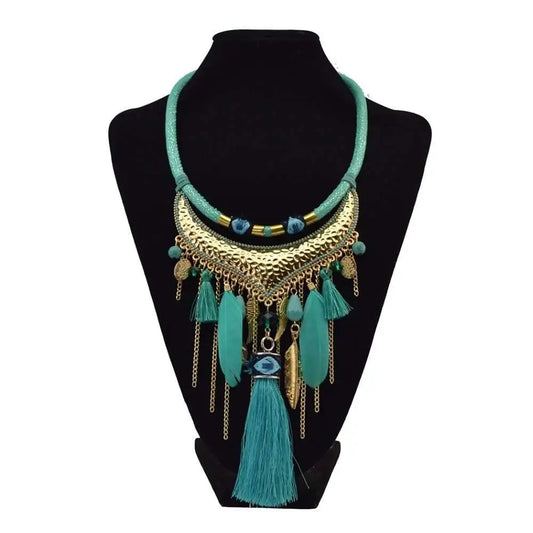Turquoise Gold Feather Leaf Tassel Necklace