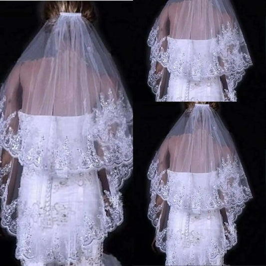 Two Layer Bridal Sequined Polyester Veil with Lace