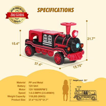 12V Two-Seater Electric Ride-On Train for Kids with Music and Lights, Red/Blue