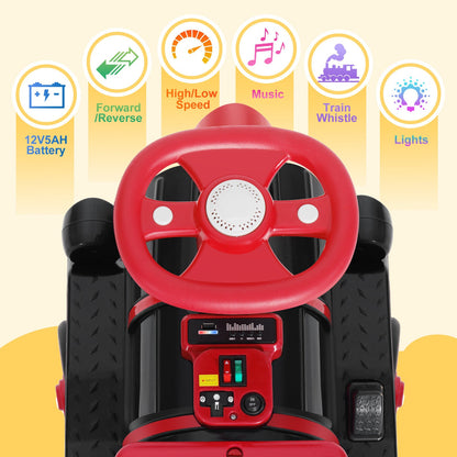 12V Two-Seater Electric Ride-On Train for Kids with Music and Lights, Red/Blue