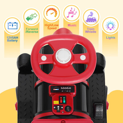 12V Two-Seater Electric Ride-On Train for Kids with Music and Lights, Red/Blue