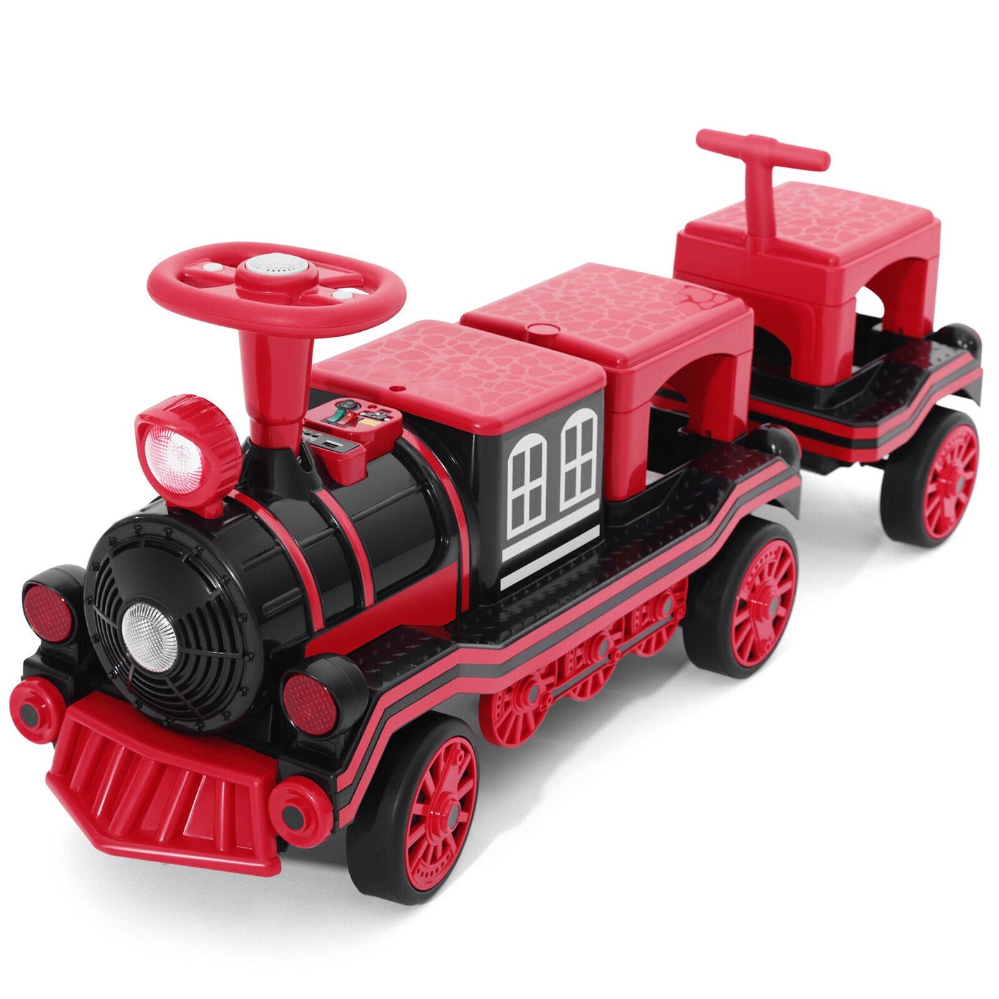 12V Two-Seater Electric Ride-On Train for Kids with Music and Lights, Red/Blue