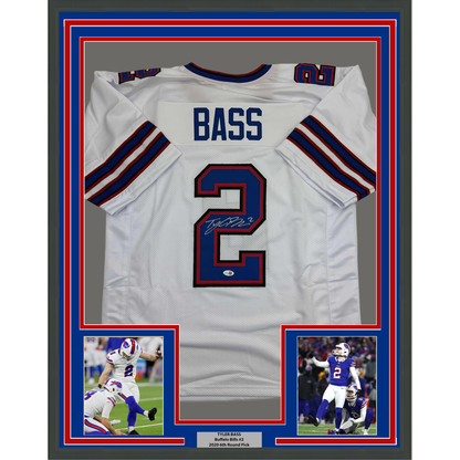 Framed Autographed/Signed Tyler Bass 35x39 Buffalo White Football Jersey JSA COA