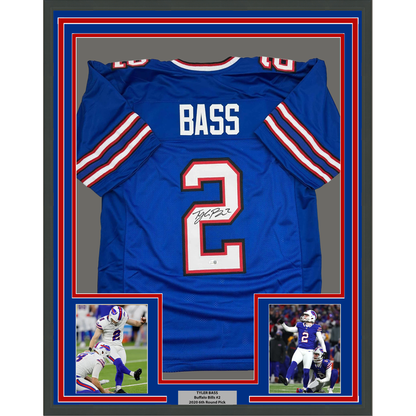 Framed Autographed/Signed Tyler Bass 35x39 Buffalo Blue Football Jersey JSA COA