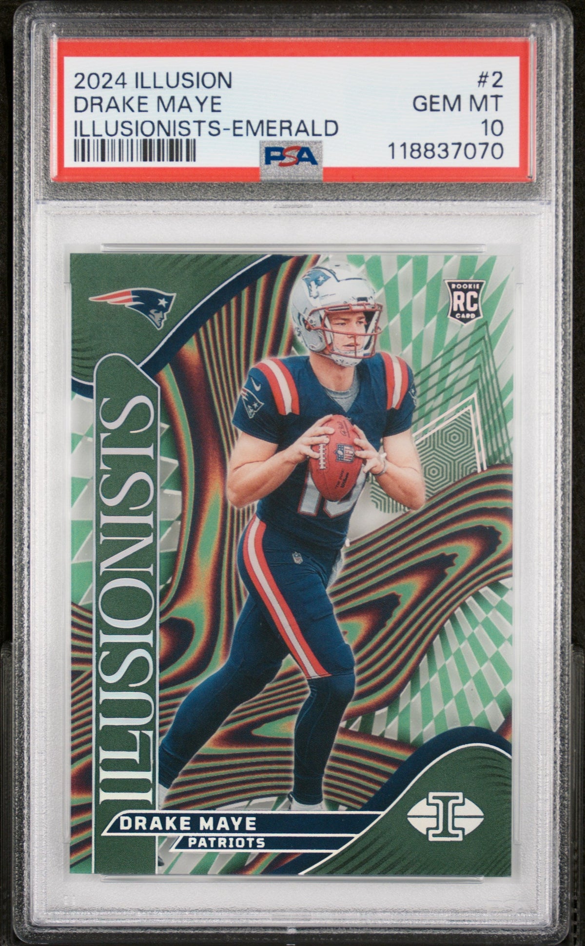 Graded 2024 Panini Illusions Drake Maye #2 Illusionists Emerald Rookie RC Football Card PSA 10 Gem Mint
