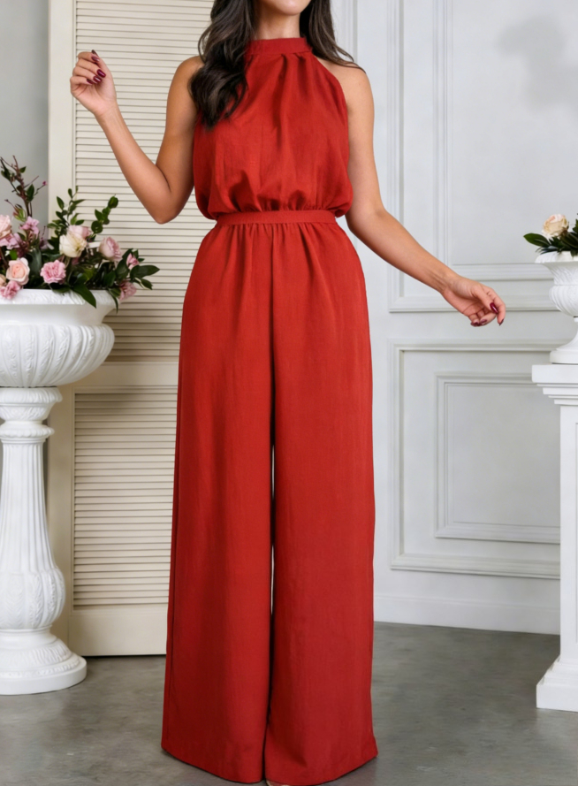 Summer Trendy Halter High-Waist Straight-Leg Jumpsuit