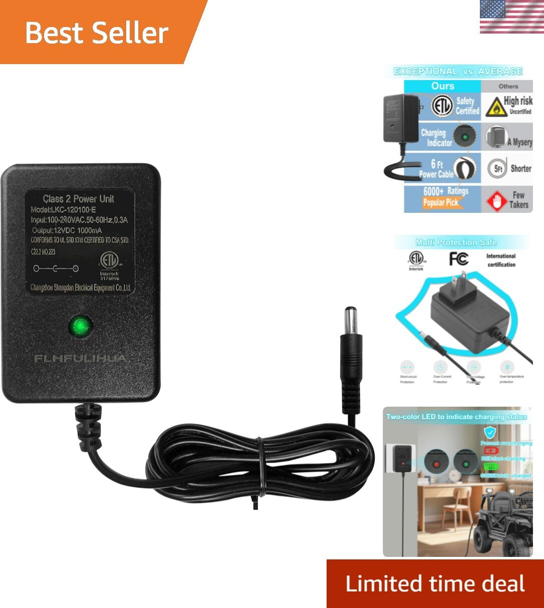 Universal 12V Battery Charger for Kids Ride-On Toys with Safety Certification