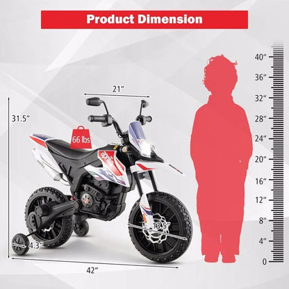 12V Electric Kids Dirt Bike with Training Wheels and Music for Off-Road Riding