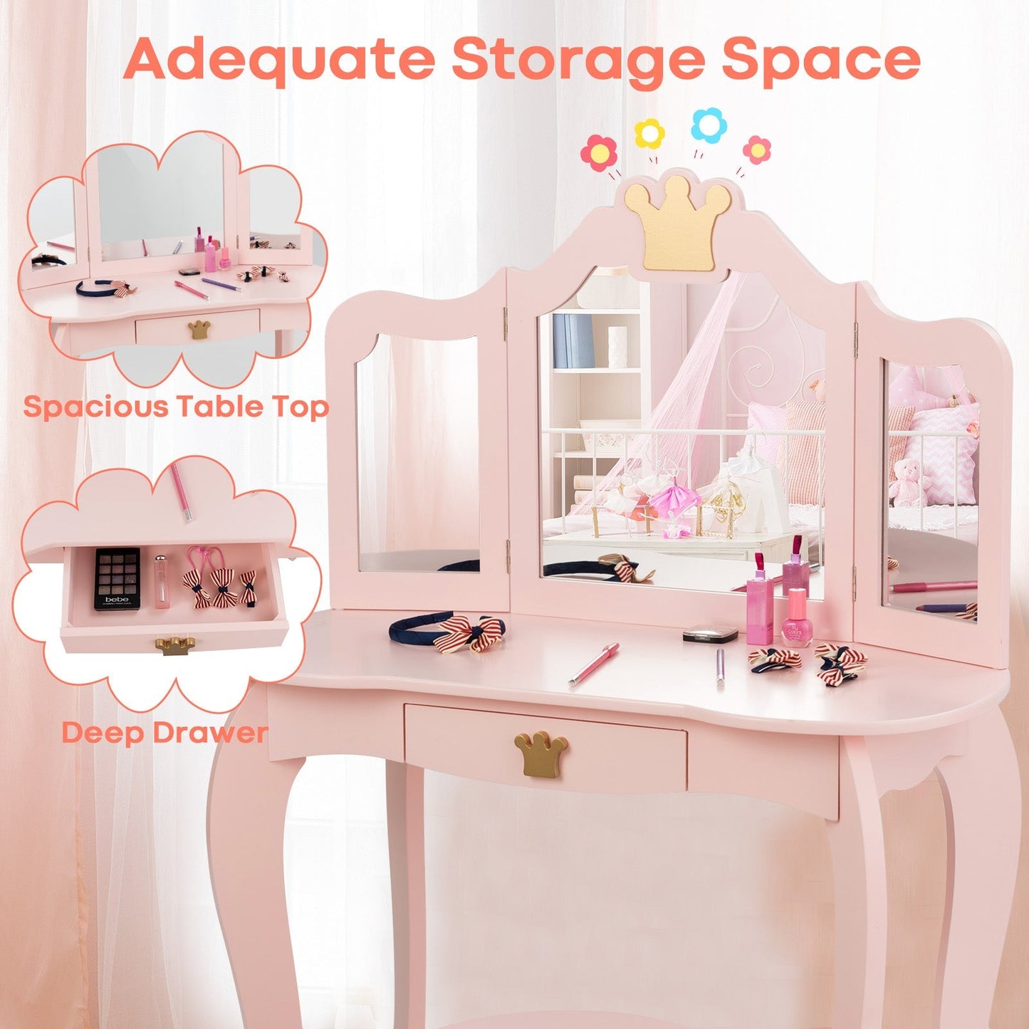 Kids Vanity Set + Kids Jewelry Armoire with Full-Length Mirror with Drawer