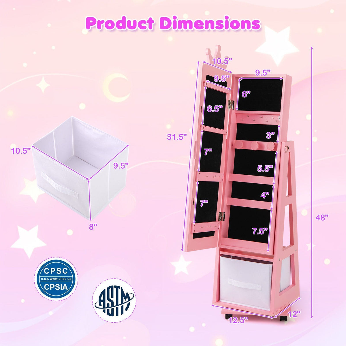 Kids Vanity Set + Kids Jewelry Armoire with Full-Length Mirror with Drawer