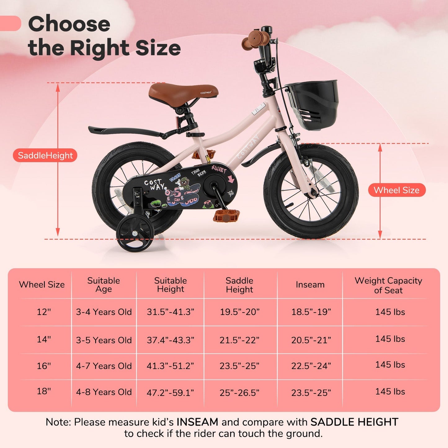 12 Inch Kids Bike with Helmet Protective Set Black & Pink