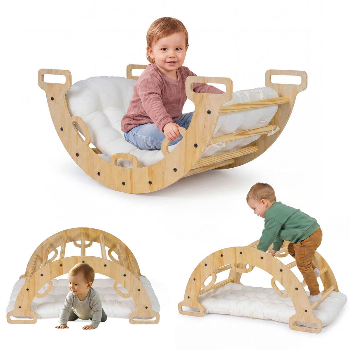 Wooden Rocking Climbing Arch with Cushion 3-in-1 Montessori