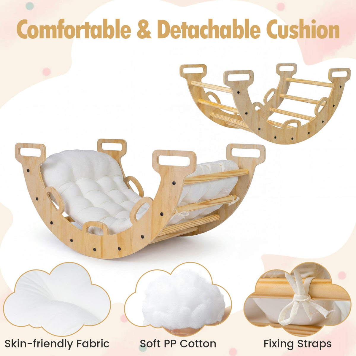 Wooden Rocking Climbing Arch with Cushion 3-in-1 Montessori