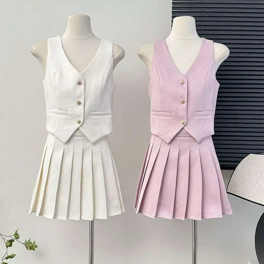 V-Neck Vest and High Waist Pleated Skirt Two-Piece Set